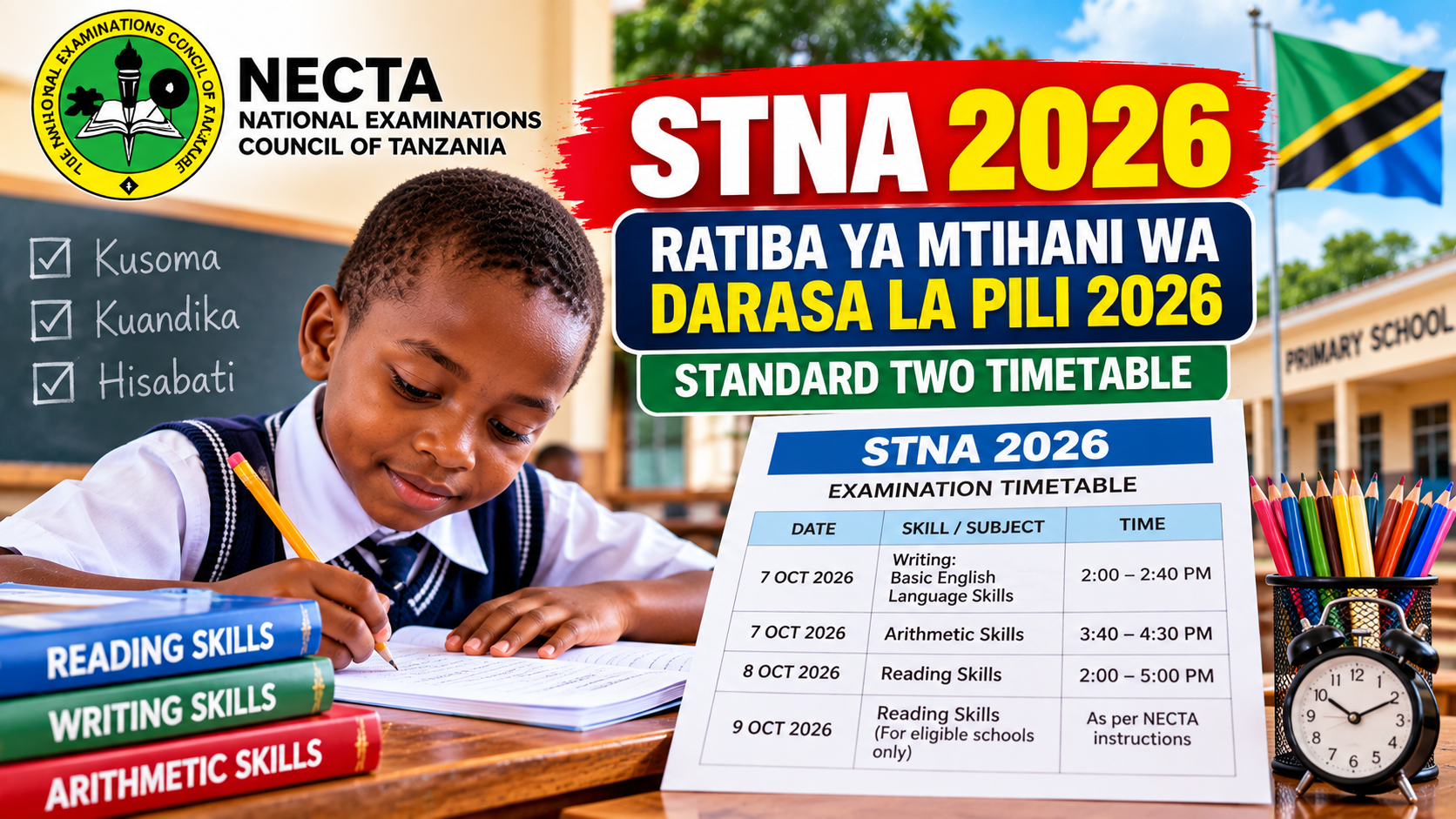 Ratiba ya Mtihani wa Darasa la Pili – Standard Two Timetable
